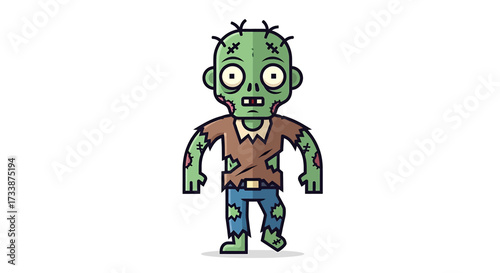 Cartoon zombie with green skin, tattered clothes, and a vacant expression.