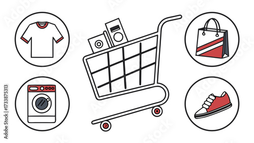 Shopping cart with t shirt washing machine shoe and bag icons