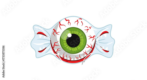 A spooky Halloween candy designed to look like a bloodshot green eyeball in a clear wrapper.