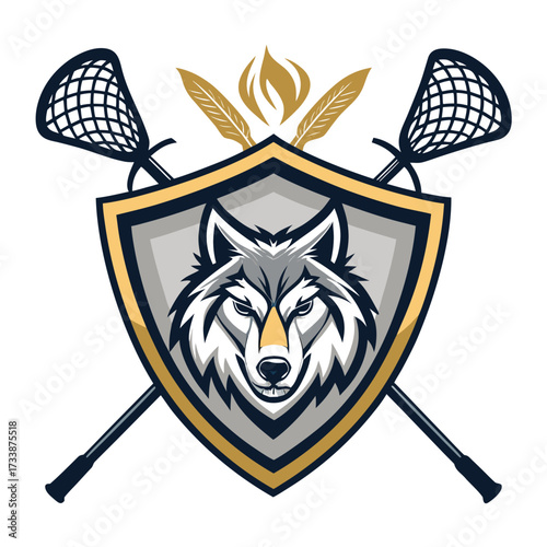 Wolf lacrosse team logo with crossed sticks and feathers.