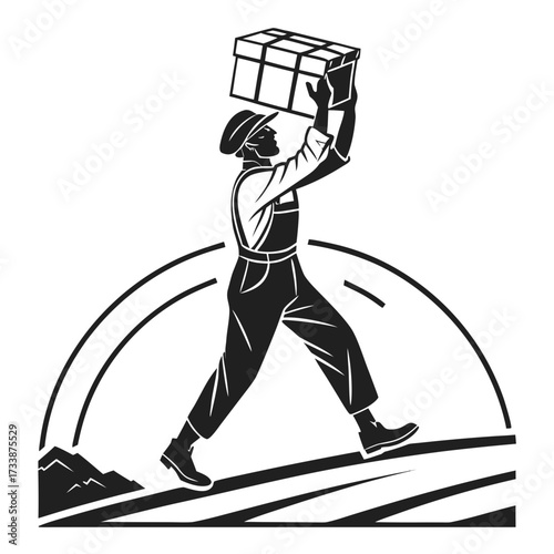Silhouette man in overalls carrying box over landscape