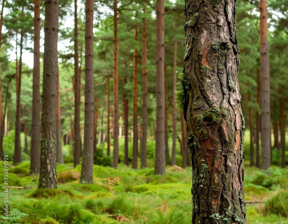 Naklejka premium Pine forest with mossy ground