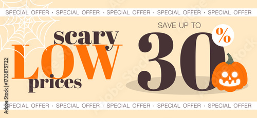 Halloween spooky sale advertisement banner, features spider web and a pumpkin on an beige background. Text highlights discounts and shopping options.