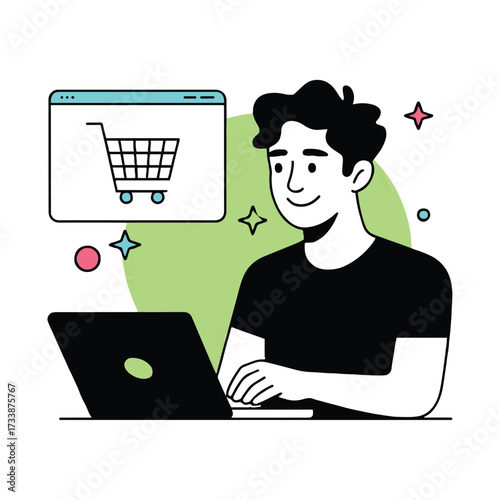 Vector art of a man is shopping online with his laptop, he is smiling and happy to find what he needs and make a purchase with ease