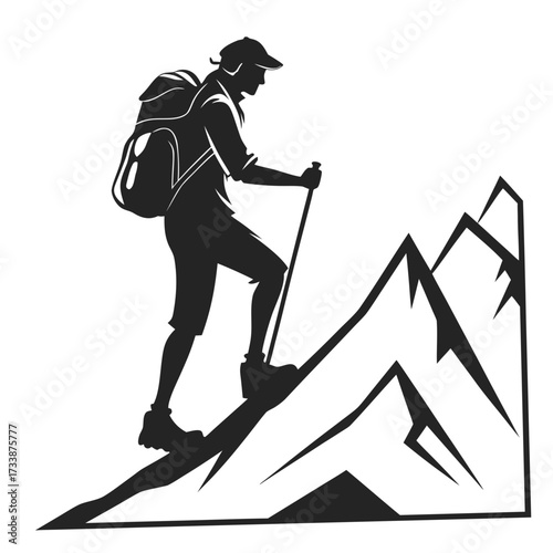 Silhouette of a hiker climbing a mountain with poles 1