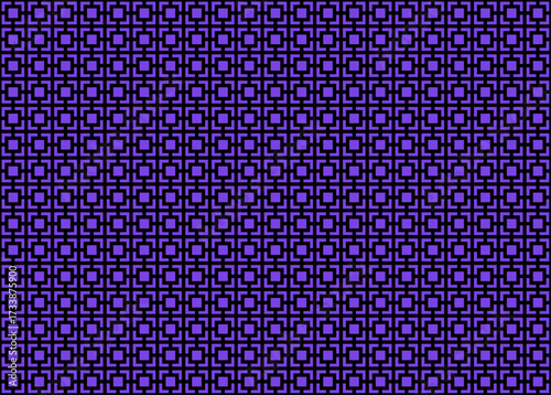 A seamless geometric pattern with a repetitive trellis-like design, consists of purple square and cross motifs set against a black background.