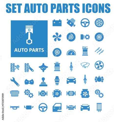 Auto Parts Icons Set - Car Parts, Engine & Vehicle Components Isolated Signs Collection - Stock Vector