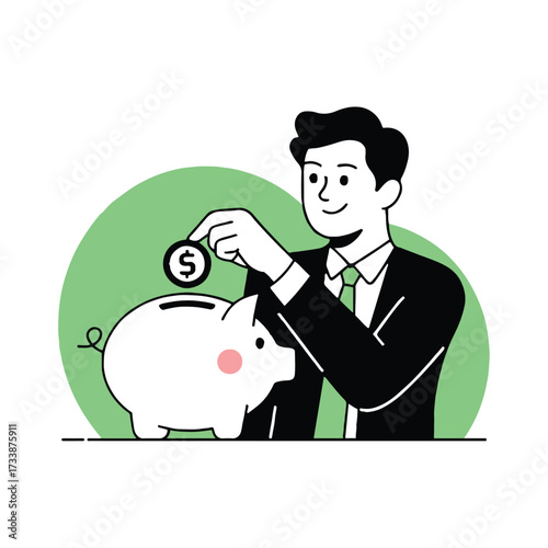 Vector art of man in suit putting coin in piggy bank saving money, investment, finance, banking, deposit, economy, budget concept