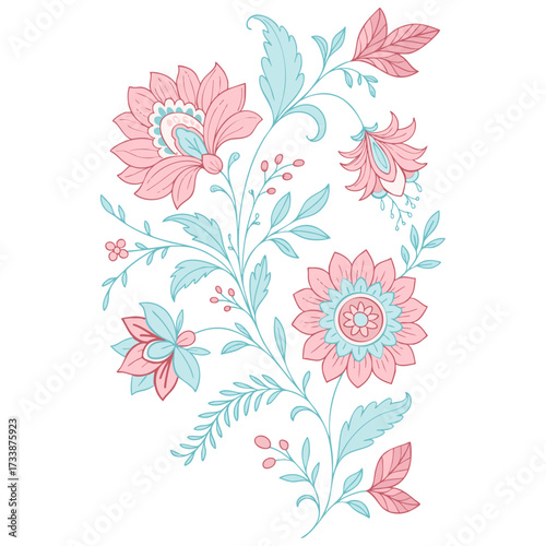 Pink & Blue Chintz Floral Motif on a white transparent background- flat illustration