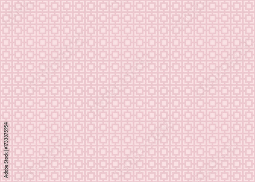 A seamless geometric pattern with a repetitive trellis-like design, consists of dusty pink square and cross motifs set against a light peach background.