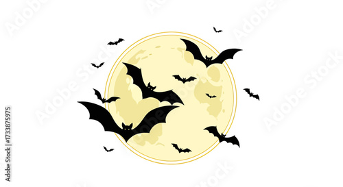 A group of black bat silhouettes flying in front of a large yellow full moon on a white background.