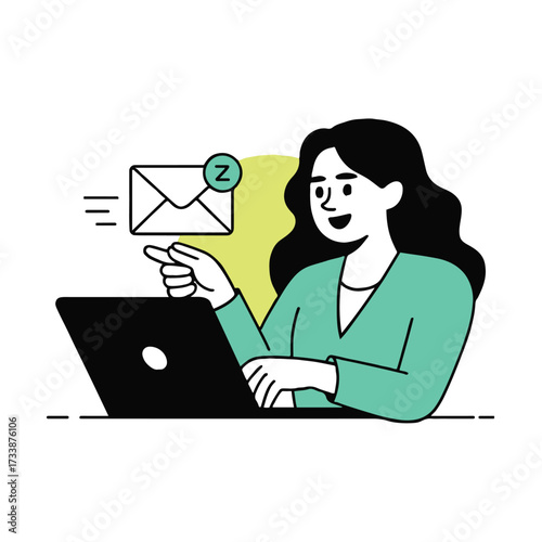 Vector art of woman using laptop with email notification communication, message, mail, letter, inbox, online, internet concept