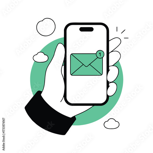 Vector art of hand holding smartphone with email notification communication, message, mail, letter, inbox, online, internet concept