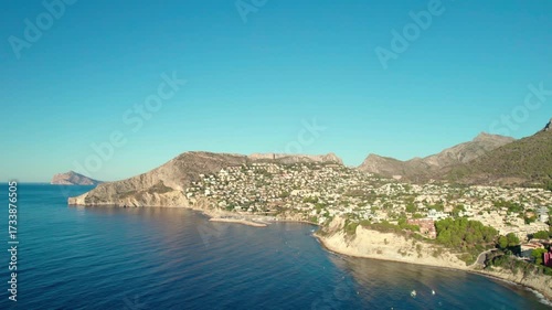 Panorama Of Calpe Coastal Resort Town On The Costa Blanca In The Alicante Province Of Spain. Aerial Shot