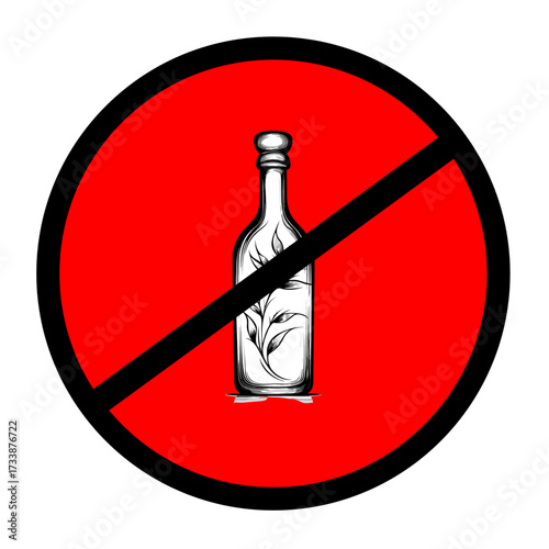Prohibition sign with stylized botanical bottle illustration, black and white and red, representing restricted organic substances with copy space