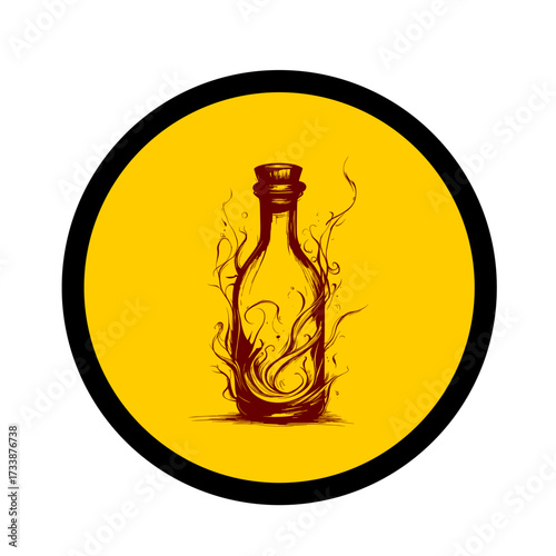 Warning sign with stylized tendril bottle illustration, maroon and yellow, representing mystical hazardous liquids with copy space