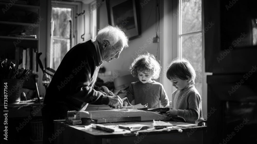 Obraz premium Generational Learning: Grandfather and Grandchildren Crafting Together