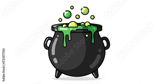 A black cauldron with green bubbling liquid and bubbles rising, set against a white background.