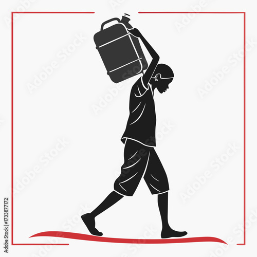 Silhouette of person carrying large water jug on head