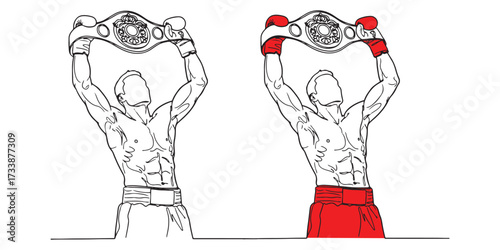 Minimal line art illustration of a boxer holding a championship belt overhead, featuring black outline style on the left and red-colored shorts and gloves on the right. Perfect for sports design