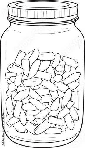 Jar with Pasta Hand-drawn Sketch Drawing Vector Illustration, Line Linear Symbol Engraving Coloring Book, Black and White Isolated