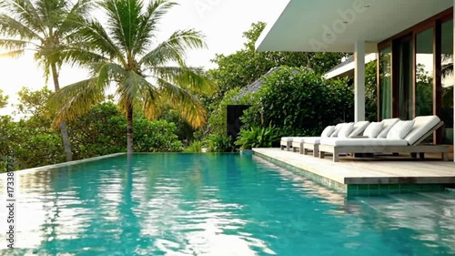 Luxury resort swimming pool reflecting tropical palms at sunset, inviting vacation vibes and tranquil getaway dreams, showcasing elegant architecture