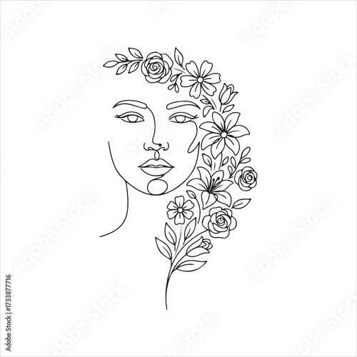 Floral half-face portrait with blooming blossoms and vine accents feminine botanical line art vector design