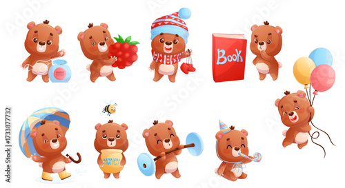 A set of cute bears performing various actions. New Year, autumn, birthday, book, dentistry, sports. Cartoon children's vector illustration for the design of postcard, card, print, textile, sticker