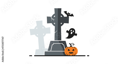 Halloween illustration with tombstone, ghost, bat, and pumpkin.