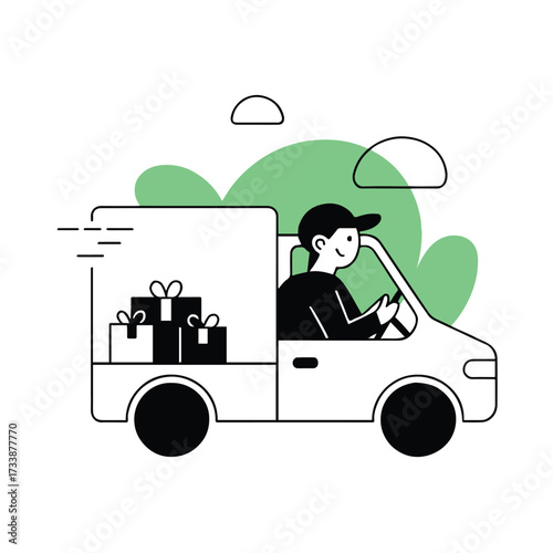 Vector art of a delivery man drives a truck full of gift boxes, he is wearing a cap and has a smile on his face, surrounded by green trees