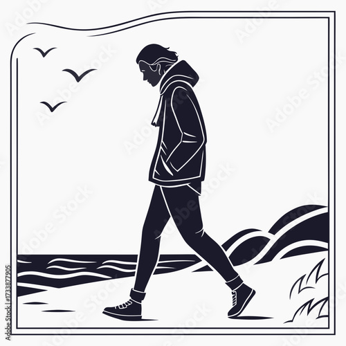 Silhouette of person walking by the sea with birds flying