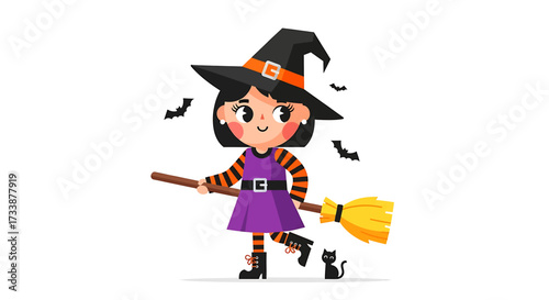 A cute cartoon witch with a black hat, purple dress, and striped sleeves, holding a broomstick with a black cat at her feet, surrounded by bats.