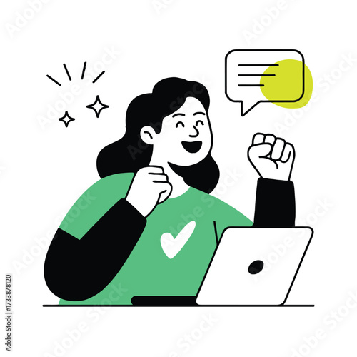Vector art of a cheerful woman with dark hair celebrates success while working on her laptop, she is wearing a green shirt and has a speech bubble