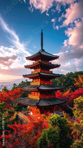 Wallpaper Mural Japanese Pagoda Surrounded by Vibrant Autumn Foliage Against a Cloudy Sky at Sunset, Multi Layered Architecture and Rich Color Palette, Red, Orange, Green Trees Torontodigital.ca