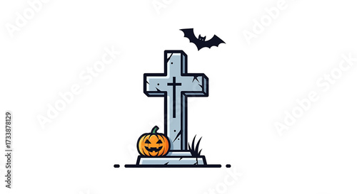 Charming and spooky Halloween gravestone illustration featuring a festive orange pumpkin at its base and a mysterious bat soaring above, perfect for autumn holiday designs and seasonal decor