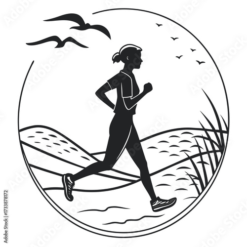 Silhouette woman running by water with birds and reeds