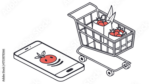 Smartphone and Shopping Cart with Tomatoes groceries 1