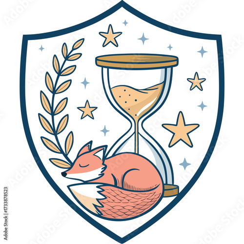 A stylized fox sleeps by an hourglass inside a shield with stars.