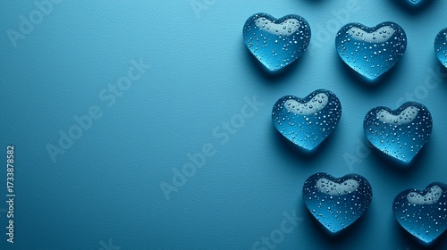 Water droplets on glass hearts against a blue background