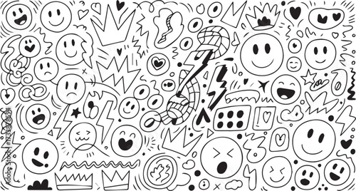 Vector art of doodle art featuring a variety of expressive faces