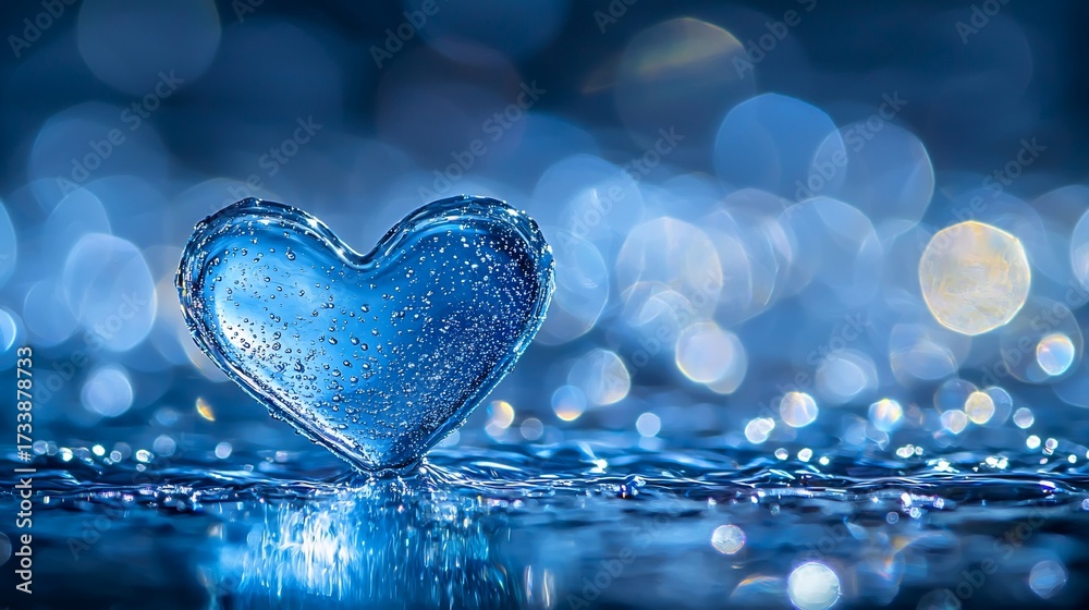 Obraz premium Glass heart, water droplets, bokeh background