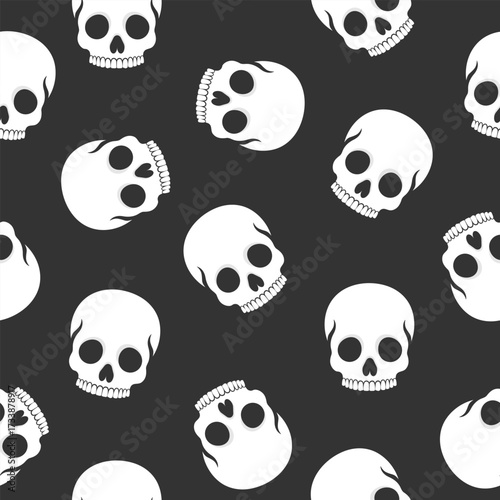 Human skull seamless pattern. Skull without a lower jaw on black background. Vector illustration