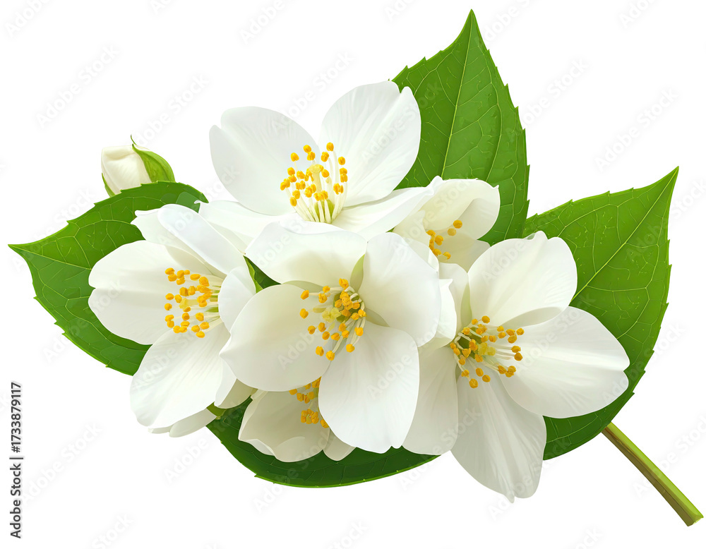 Obraz premium Digitally rendered cluster of white jasmine flowers and green leaves