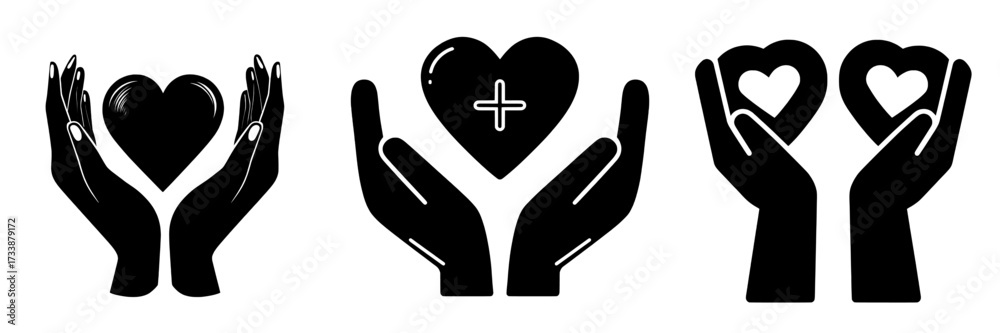 Obraz premium A set of heart in hand icons is available, featuring hands holding a heart, symbolizing love, health, and medicine, in both flat and line styles