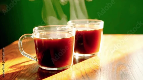 Two steaming cups of rich dark coffee sit on a warm wooden table bathed in soft sunlight, creating a cozy morning atmosphere