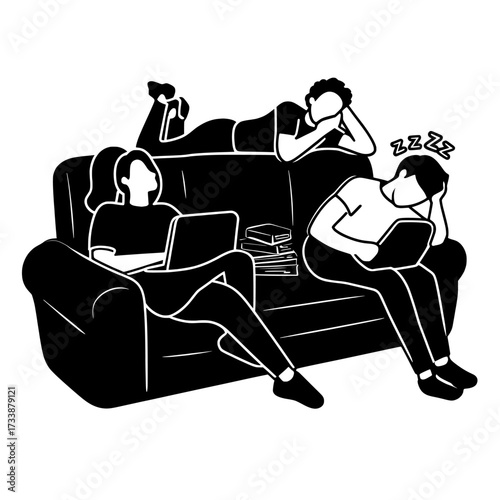 In a modern flat illustration, a common scene is portrayed where lazy individuals are seen resting on a sofa at home, and similarly, a man is shown procrastinating and napping in his office, with