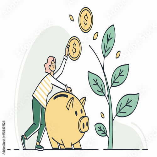 Woman depositing coin into piggy bank next to growing plant