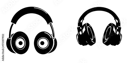 Modern realistic set of 3d colour stereo earphones isolated on white background for listening to music, including a dj audio headset in front view with sound speakers