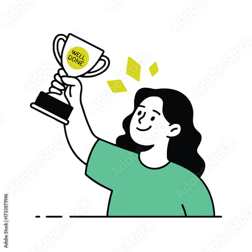 Vector art of a woman proudly holds up a trophy, symbolizing achievement, success, and recognition of hard work, a modern illustration