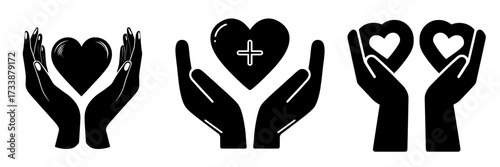 A set of heart in hand icons is available, featuring hands holding a heart, symbolizing love, health, and medicine, in both flat and line styles